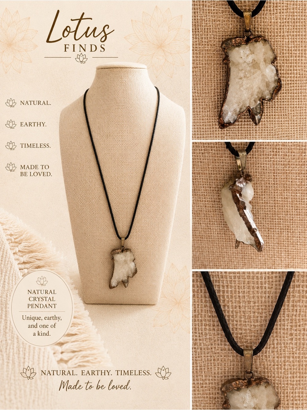 Boho Raw Crystal Pendant Necklace Black Cord Statement Jewelry